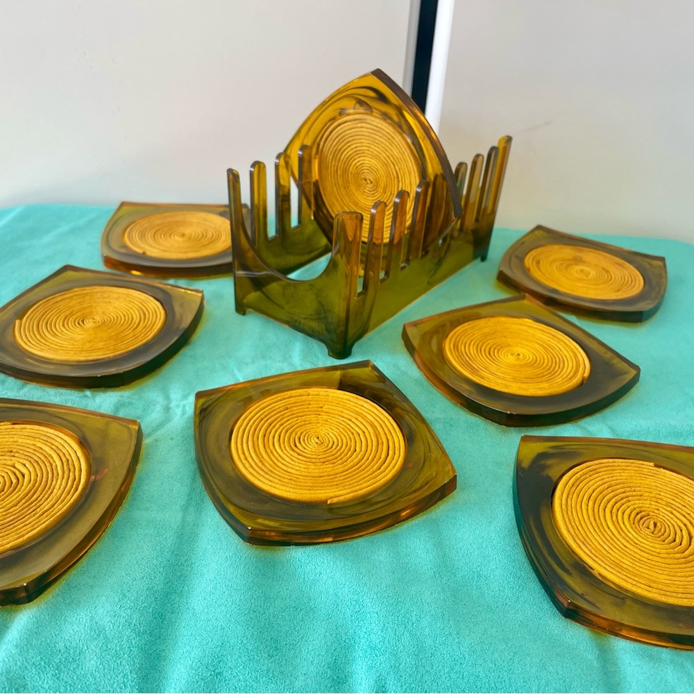 Vintage Amber Smoke Acrylic Yellow Rafia Coaster Set of 8